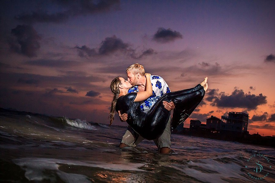 Jody and Joe - Folly Beach Engagement Photo - sunset dip