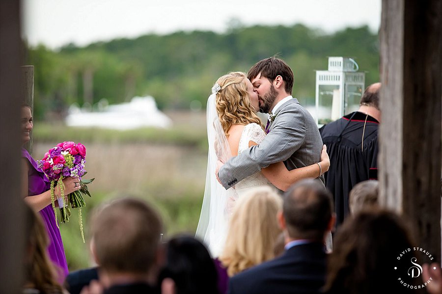 First Kiss - Cotton Dock - Boone Hall Wedding Photographer - Ashley and Chase